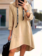 Solid Long Sleeve Hoodie Sweatshirt Dress With Kangaroo Pockets