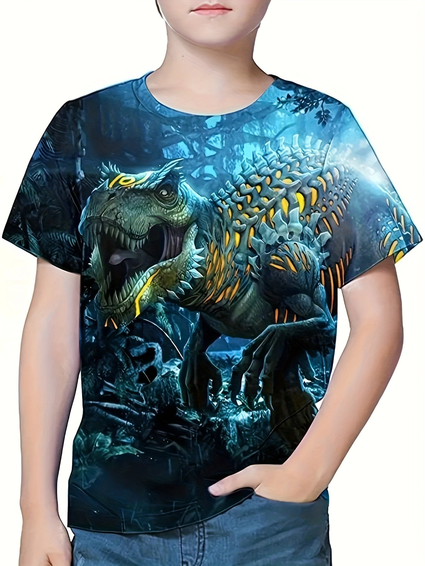 3D Dino Graphic Crew Neck Short Sleeve T shirt Girls Comfy Pullover Kids