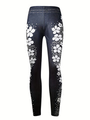 Denim Flower Print Sports Leggings High Waist Yoga Pants