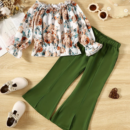 Toddler Girls Art Flowers Off The Shoulder Top and Pants Set