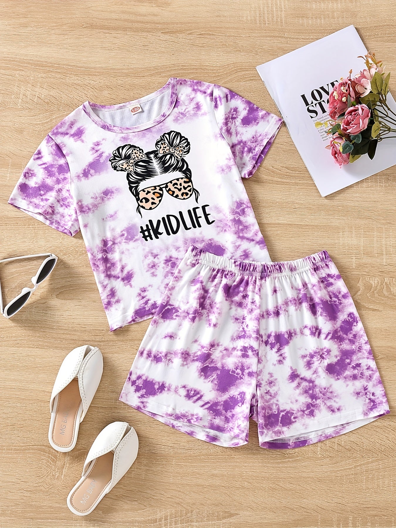 Girls' Tie Dye Short Sleeve T-Shirt Top & Shorts Set for Street Party