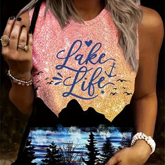 Women's Summer Tank Top All Over Print Crew Neck Casual Sleeveless Shirt