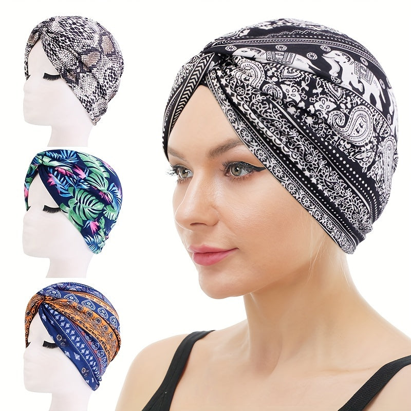Boho Print Pleated Turban Hat Striped Head Wrap Cross Knot Stretchy Hijab Beanie