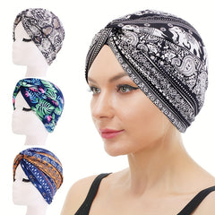 Boho Print Pleated Turban Hat Striped Head Wrap Cross Knot Stretchy Hijab Beanie