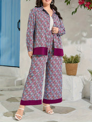 Geometric Print Blouse & Wide Leg Pants Set
