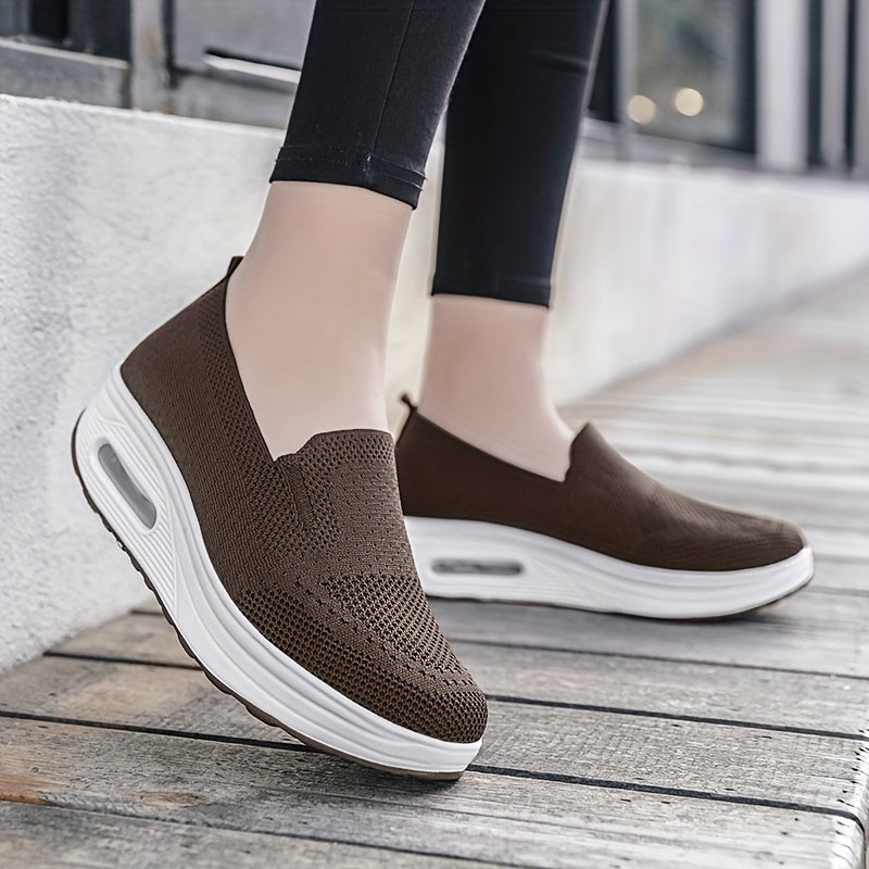 Women's Brown Slip on Wedge Sneakers Lightweight Mesh Casual Walking Shoes