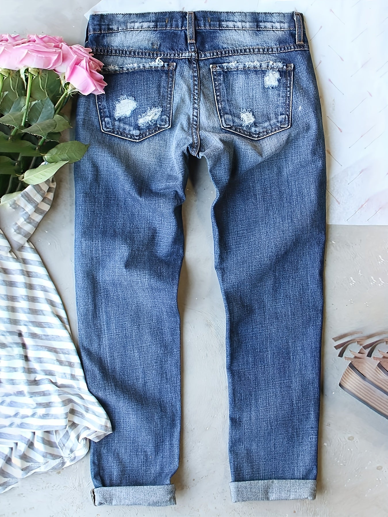 Floral Print Ripped Button Fly Jeans