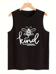 Bee & Letter Print Sleeveless Sports Vest Round Neck Casual Tops