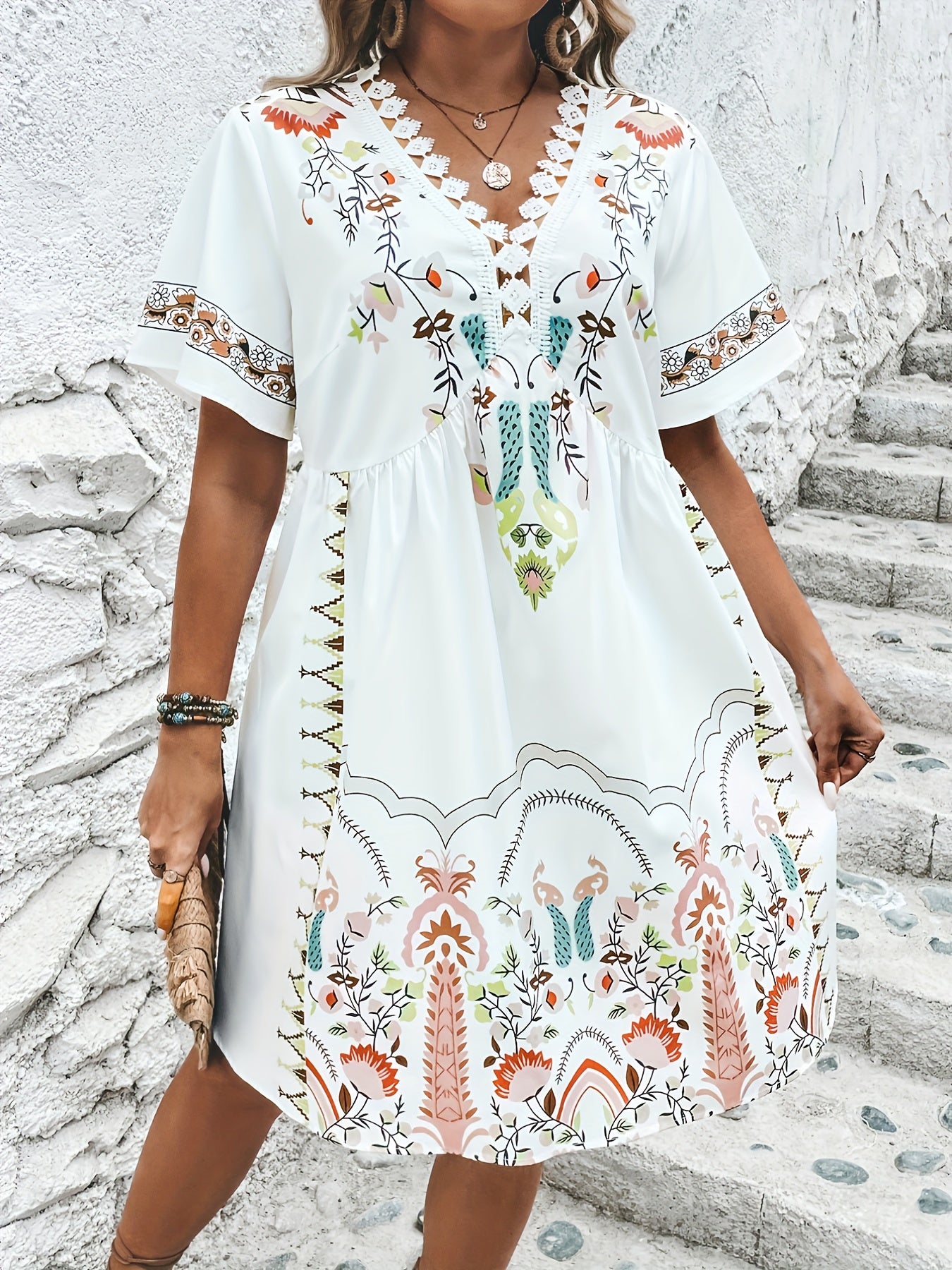 Plus Tribal Print Lace Panel V Neck Vacay Dress