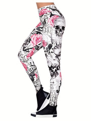 Skull and Flower Printed Leggings for Women