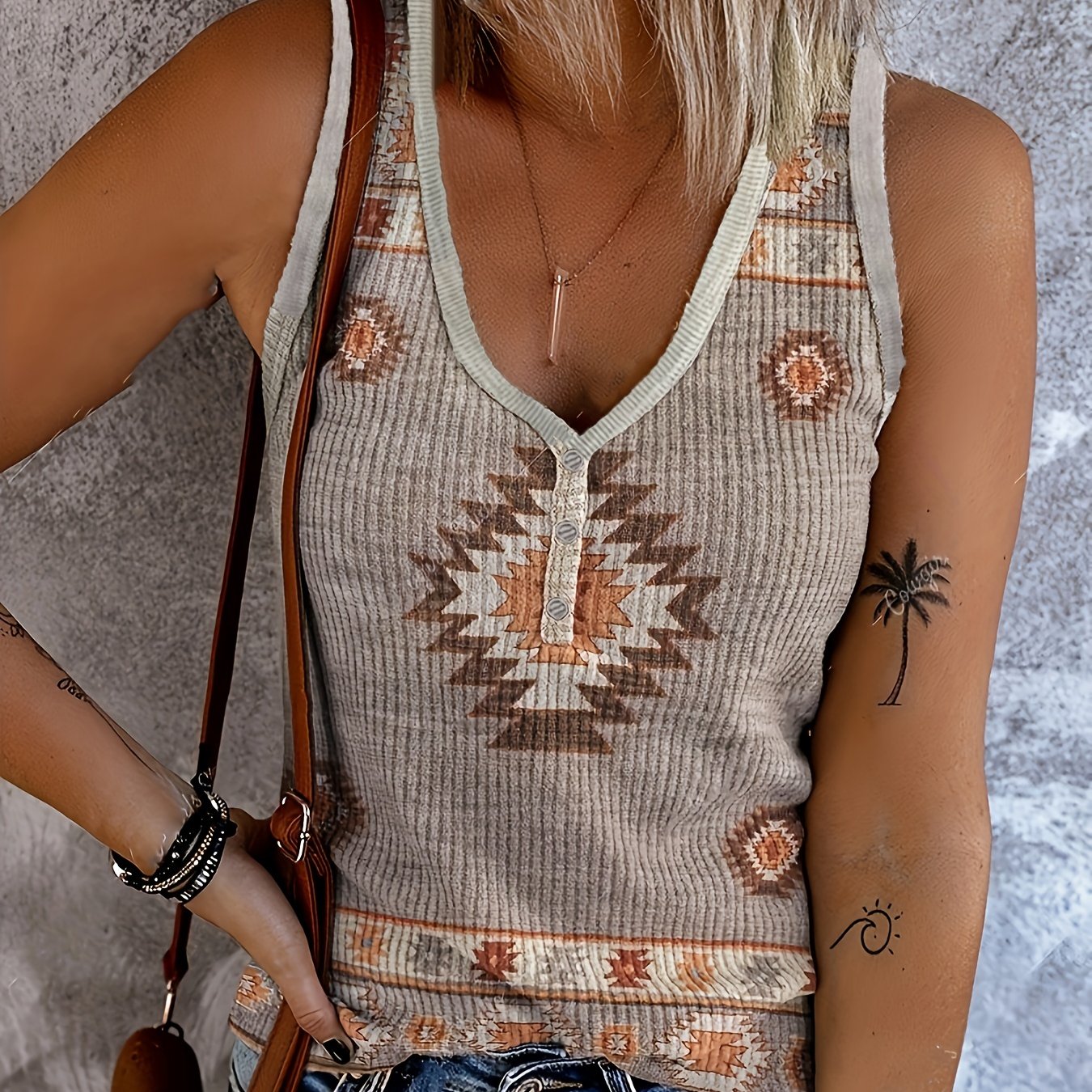 Geo Pattern Ribbed Tank Top V Neck Casual Sleeveless Top