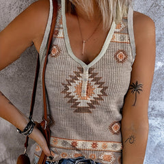 Geo Pattern Ribbed Tank Top V Neck Casual Sleeveless Top