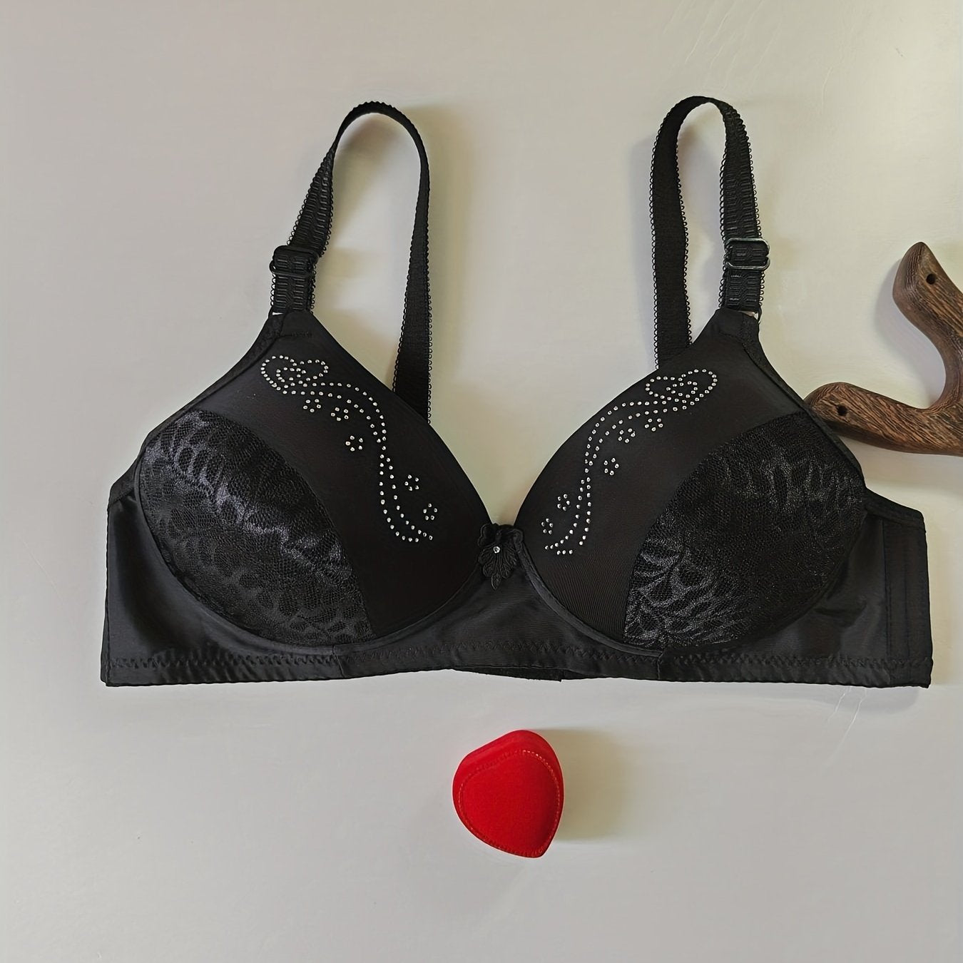 Contrast Lace Push Up Bra with Rhinestone Decor