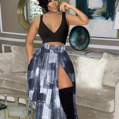 Denim Print High Waist Zip Up Skirt Casual Skirt for Spring & Summer