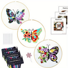3pcs Embroidery Kit Flowers & Butterfly Pattern 20 07 Cm Hoop