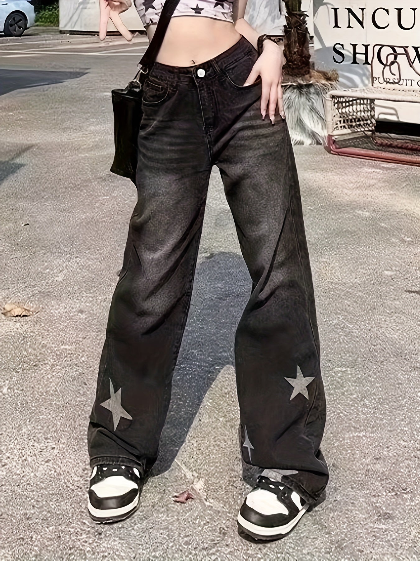 High Rise Straight Leg Jeans Dark Grey Y2K Style Denim Pants