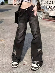 High Rise Straight Leg Jeans Dark Grey Y2K Style Denim Pants