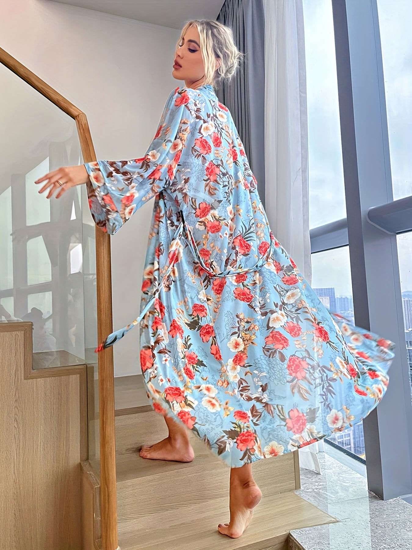 Floral Mesh Night Robe V Neck Long Sleeve Belted Sexy Lingerie