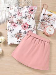 Girl's Floral Print Tank Top & Belted Skirt Set