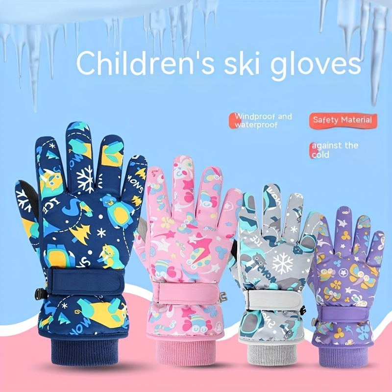 Kids Skiing Gloves, Warm Cartoon Padded Outdoor Riding Gloves