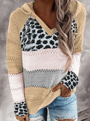 Leopard Patchwork V Neck Hooded Sweater