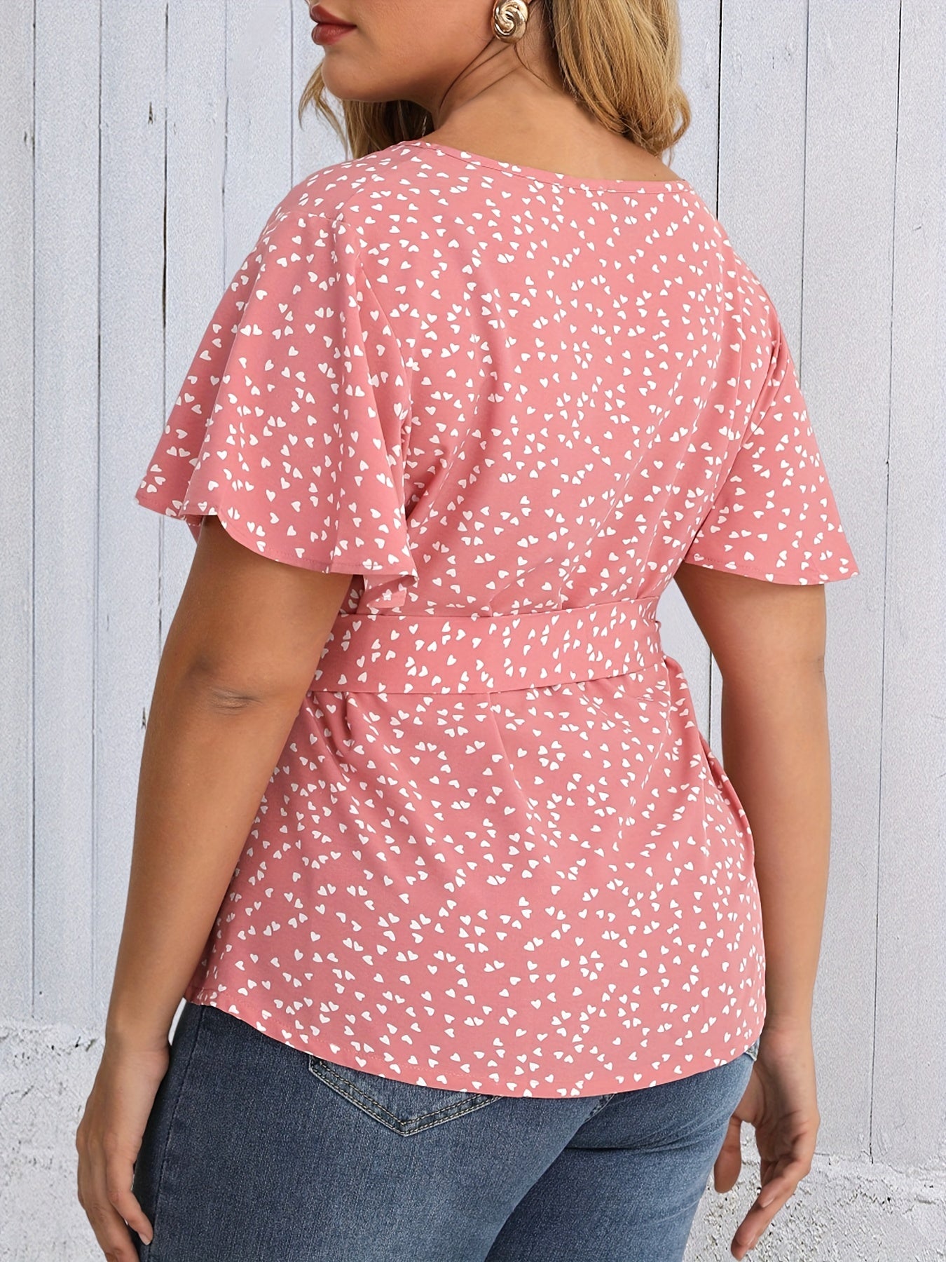 Heart Print Short Sleeve Peplum Top With Belt