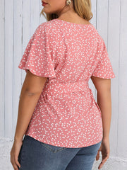 Heart Print Short Sleeve Peplum Top With Belt