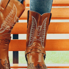 Women's Retro Embroidered Western Boots V cut Slip On Chunky Shoes