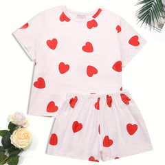 Heart Print Pajama Set Short Sleeve Top & Shorts