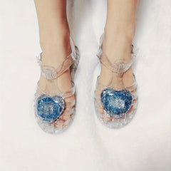 Kids Girls Glitter Jelly Sandals Soft Sole Closed Toe Heart Shaped Shoes