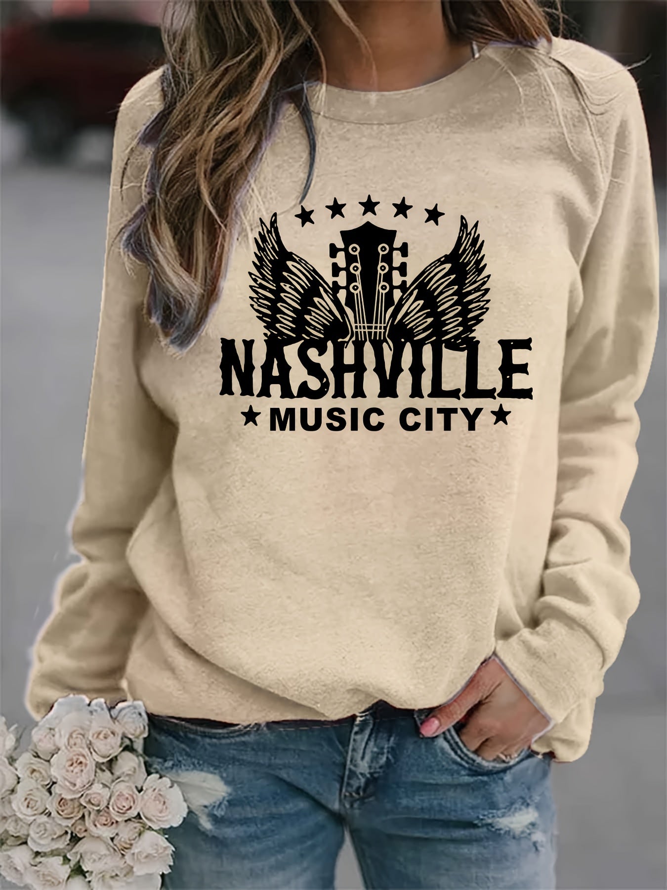 Nashville Music City Print Sweatshirt Long Sleeve Crew Neck
