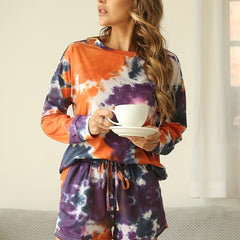 Casual Tie Dye 2pc Set Long Sleeve Shirt & Shorts Women's Clothing
