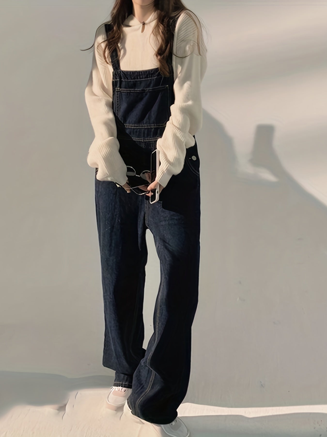 Dark Loose Fit Denim Jumpsuit Non Stretch Slash Pockets Casual Denim Overalls