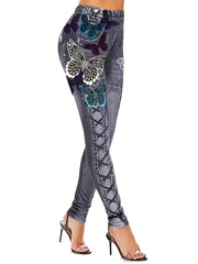 Butterfly & Denim Print Skinny Leggings Women's Casual Leggings C