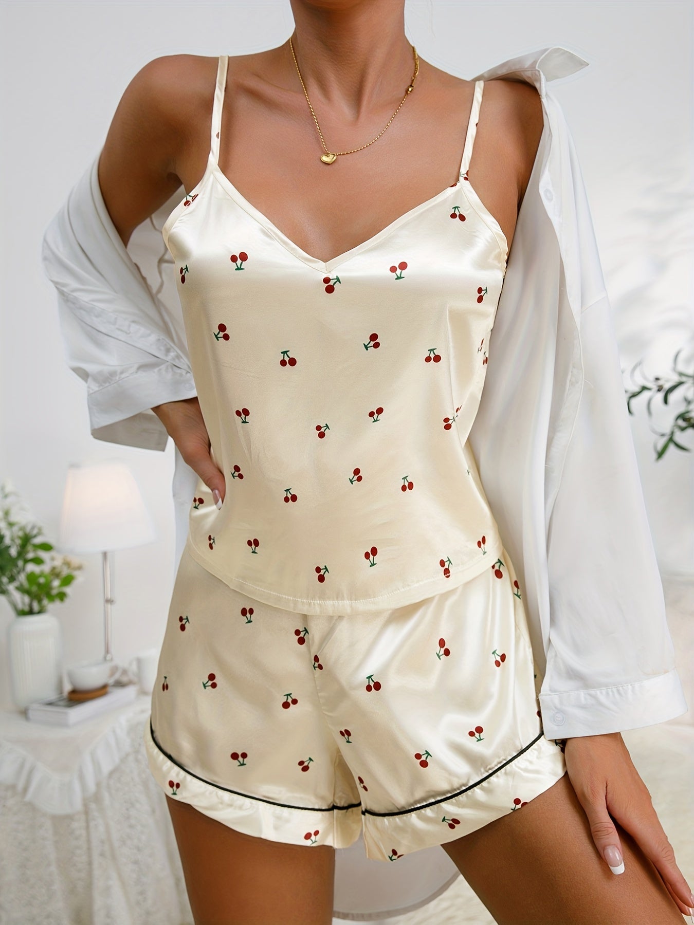 Cherry Print Pajama Set V Neck Cami Top & Shorts Women's Sleepwear