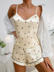 Cherry Print Pajama Set V Neck Cami Top & Shorts Women's Sleepwear