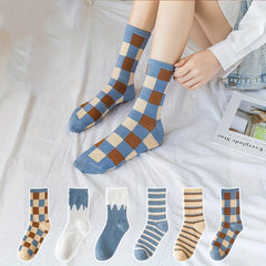 Girls Plaid Crew Socks Breathable for Autumn Winter