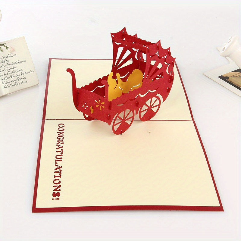 3D Paper Carving Baby Carriage Greeting Card