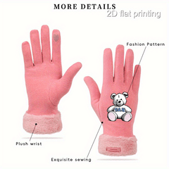 Women's Bear Pattern Print Gloves for Autumn and Winter