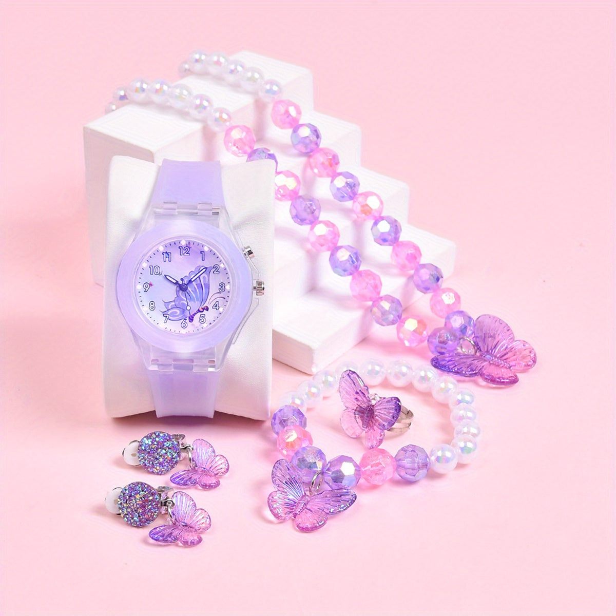 Girls' 6pcs Set Dual Movement LED Glowing Quartz Watch