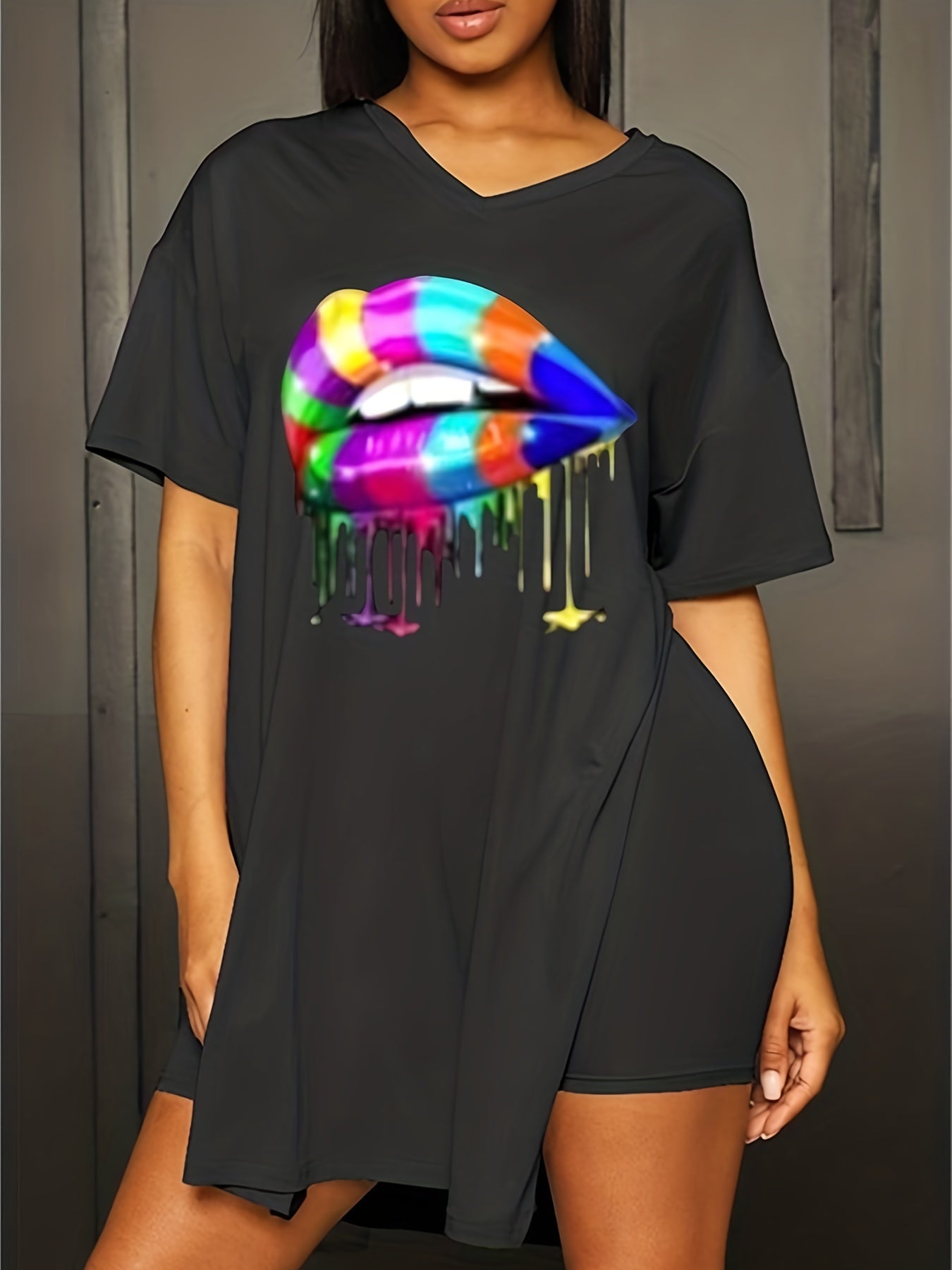 Lips Print Two Piece Set Short Sleeve T Shirt & Shorts Casual Outfit