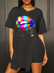 Lips Print Two Piece Set Short Sleeve T Shirt & Shorts Casual Outfit