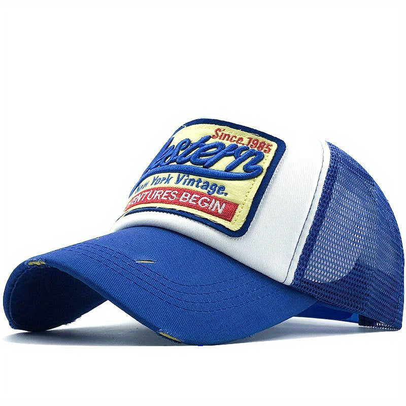 Vintage Block Trucker Hat Western Embroidery Patch Baseball Cap