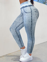 Denim Print High Waisted Plus Size Leggings for Women, Tummy Control Yoga Pants