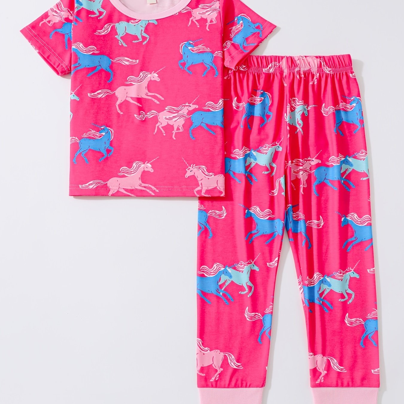 Unicorn Print Kid's Pajamas T shirt & Pants Set, Comfy PJ Set Girl's Lounge