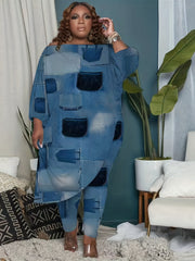 Denim Print One Shoulder Tunic Top & Leggings Set