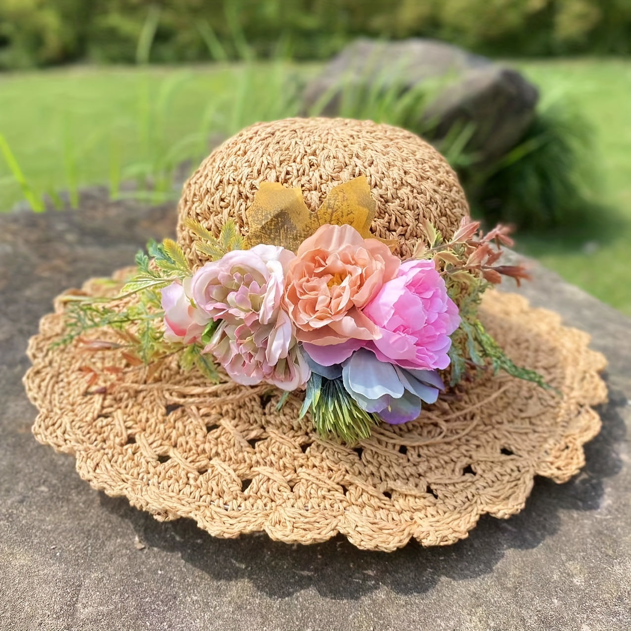 Foldable Flower Garland Sun Hat Crochet Straw Hat UV Protection Beach Hat