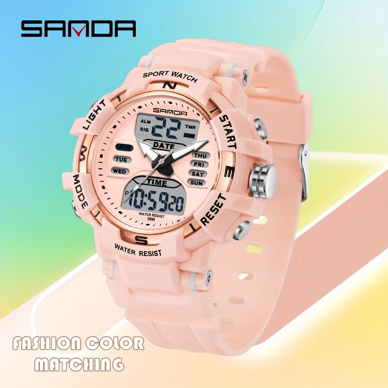 SANDA Unisex Digital Sport Watch 24H Night Light Stopwatch 5ATM TPU Strap