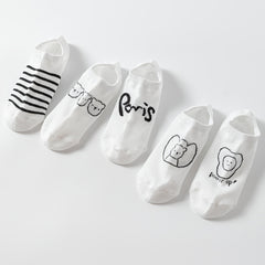 5 Pairs Bear Print Socks Comfy Low Cut Ankle Women's Stockings