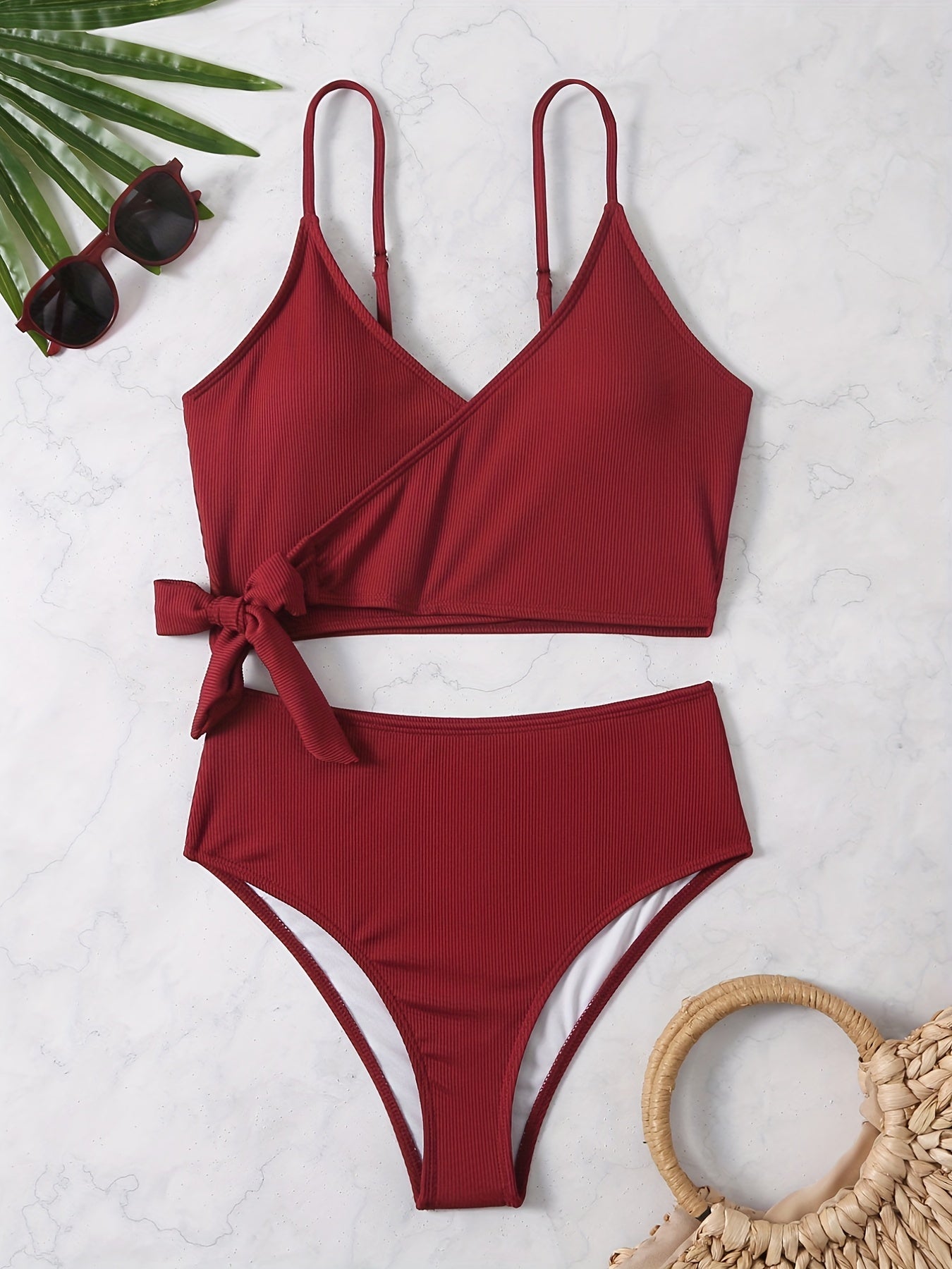 Green Layered Tie Side Bikini Set High Waist High Cut Two Piece Swimsuit